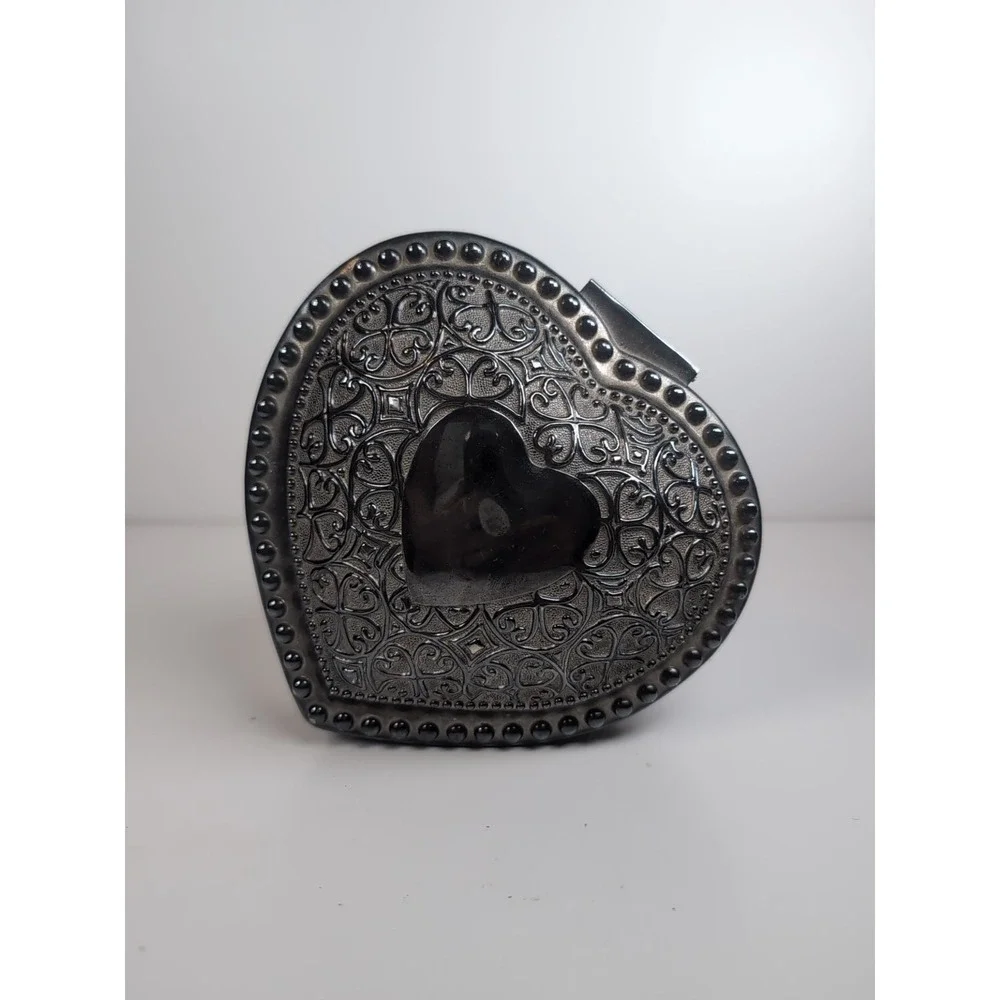 Silver Tone Heart Shaped Metal Beaded Trinket Box Blue Velvet Lined Embossed